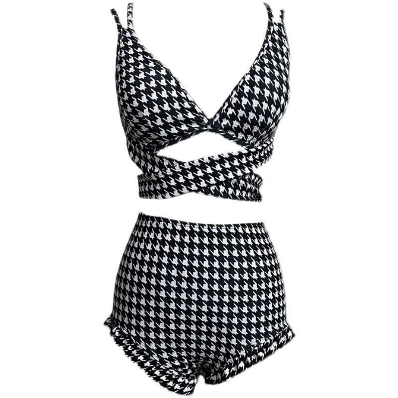 High Waist Slimming Gathered Houndstooth Split Bikinis Swimsuit