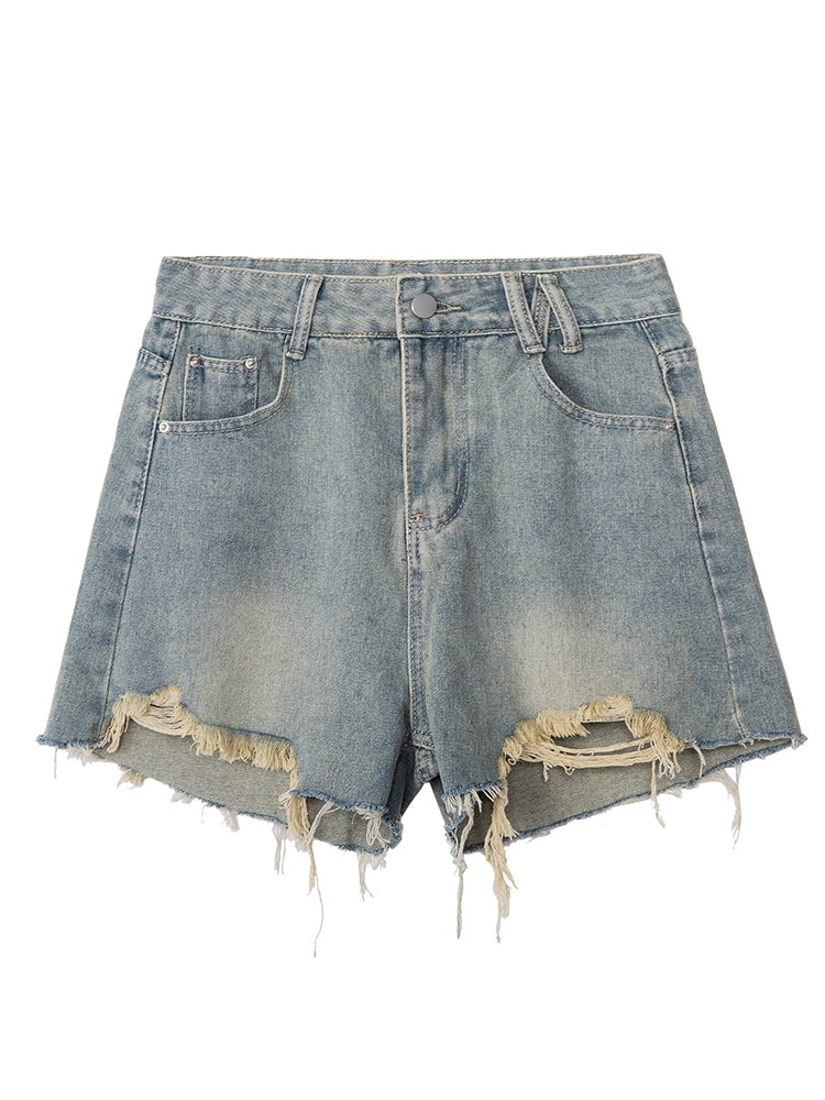 Retro Wide Leg High Waist Ripped Denim Shorts