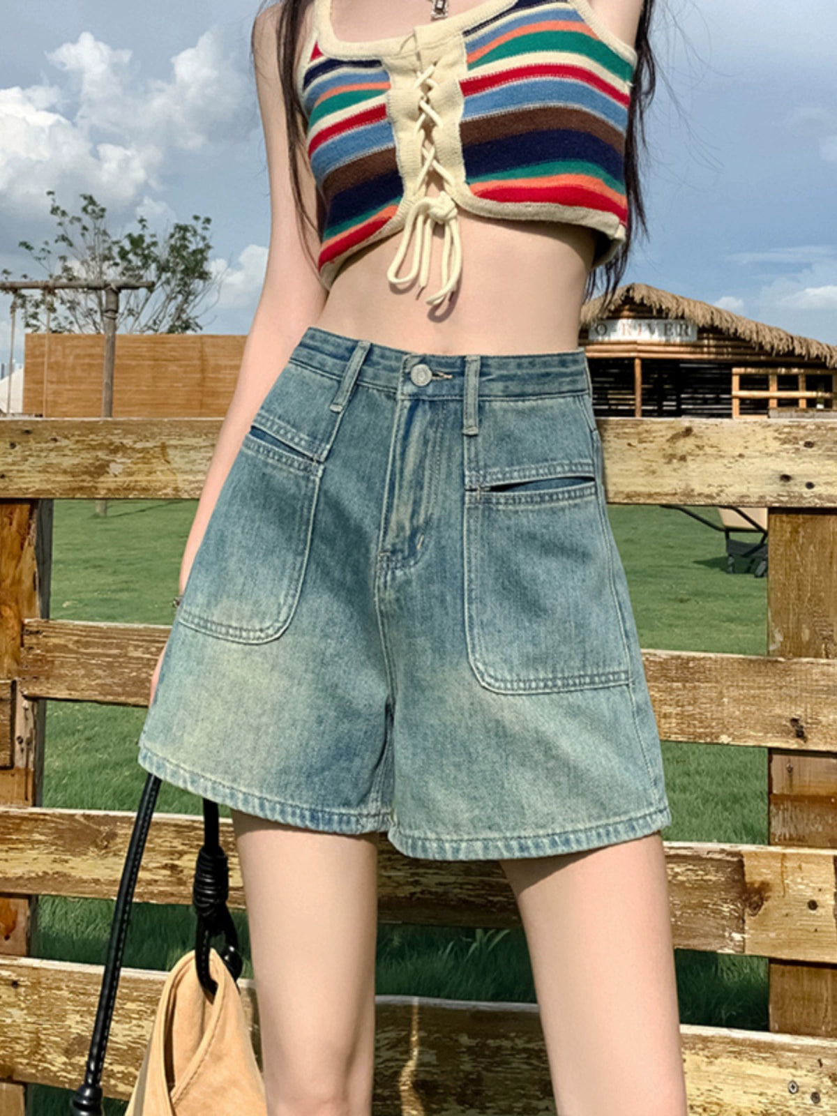 High Waist Stylish Niche Style Retro A- line Denim Shorts