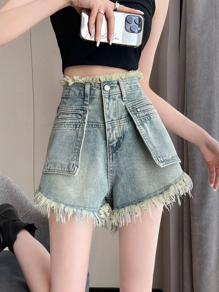 High Waist Pocket Design Denim Shorts, available in Plus Size