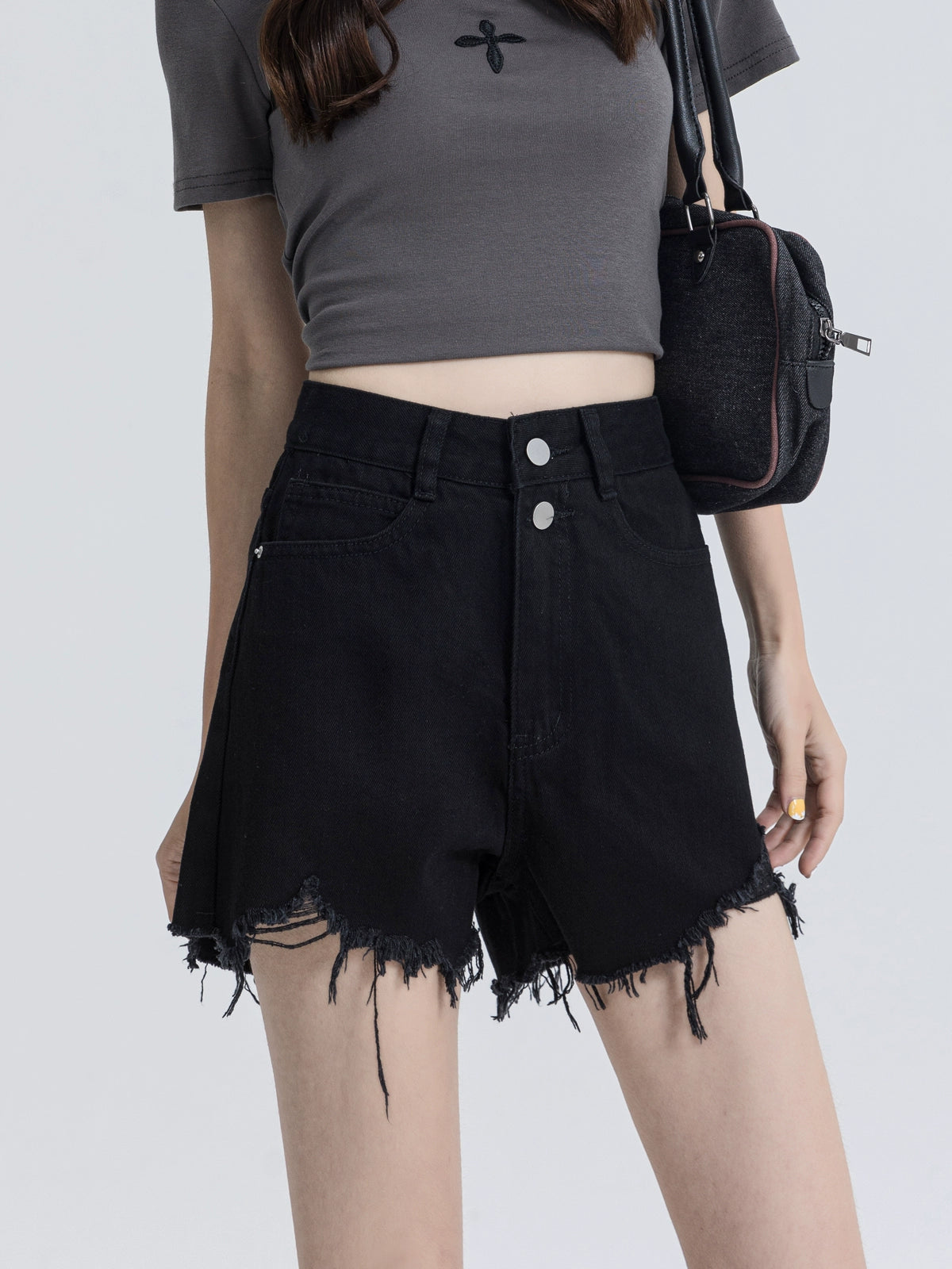 Double Button Black Denim Shorts