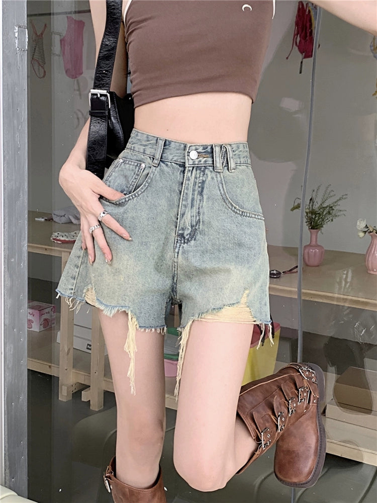 Retro Wide Leg High Waist Ripped Denim Shorts