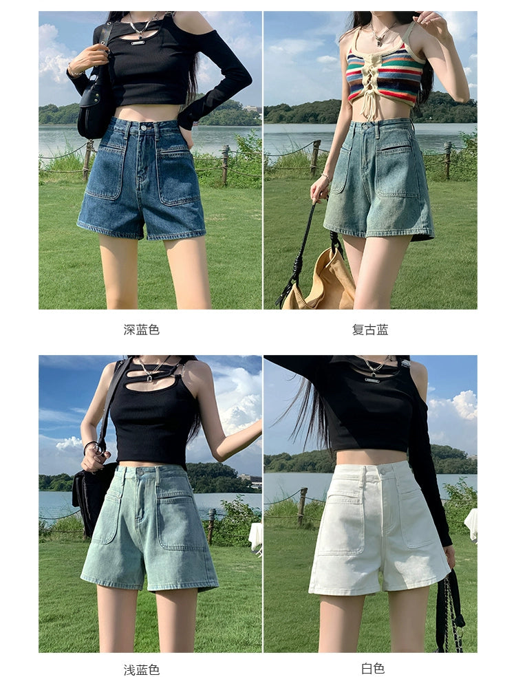 High Waist Stylish Niche Style Retro A- line Denim Shorts