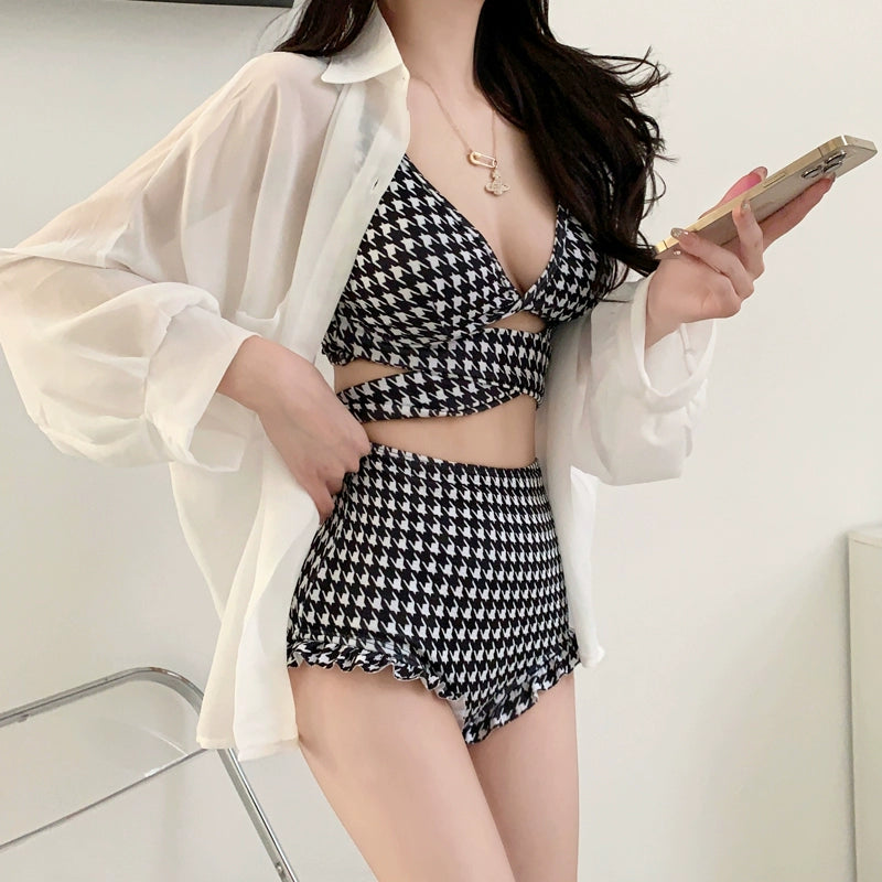 High Waist Slimming Gathered Houndstooth Split Bikinis Swimsuit