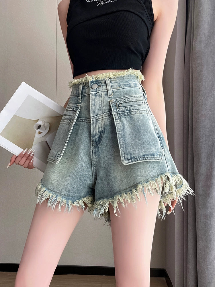 High Waist Pocket Design Denim Shorts, available in Plus Size