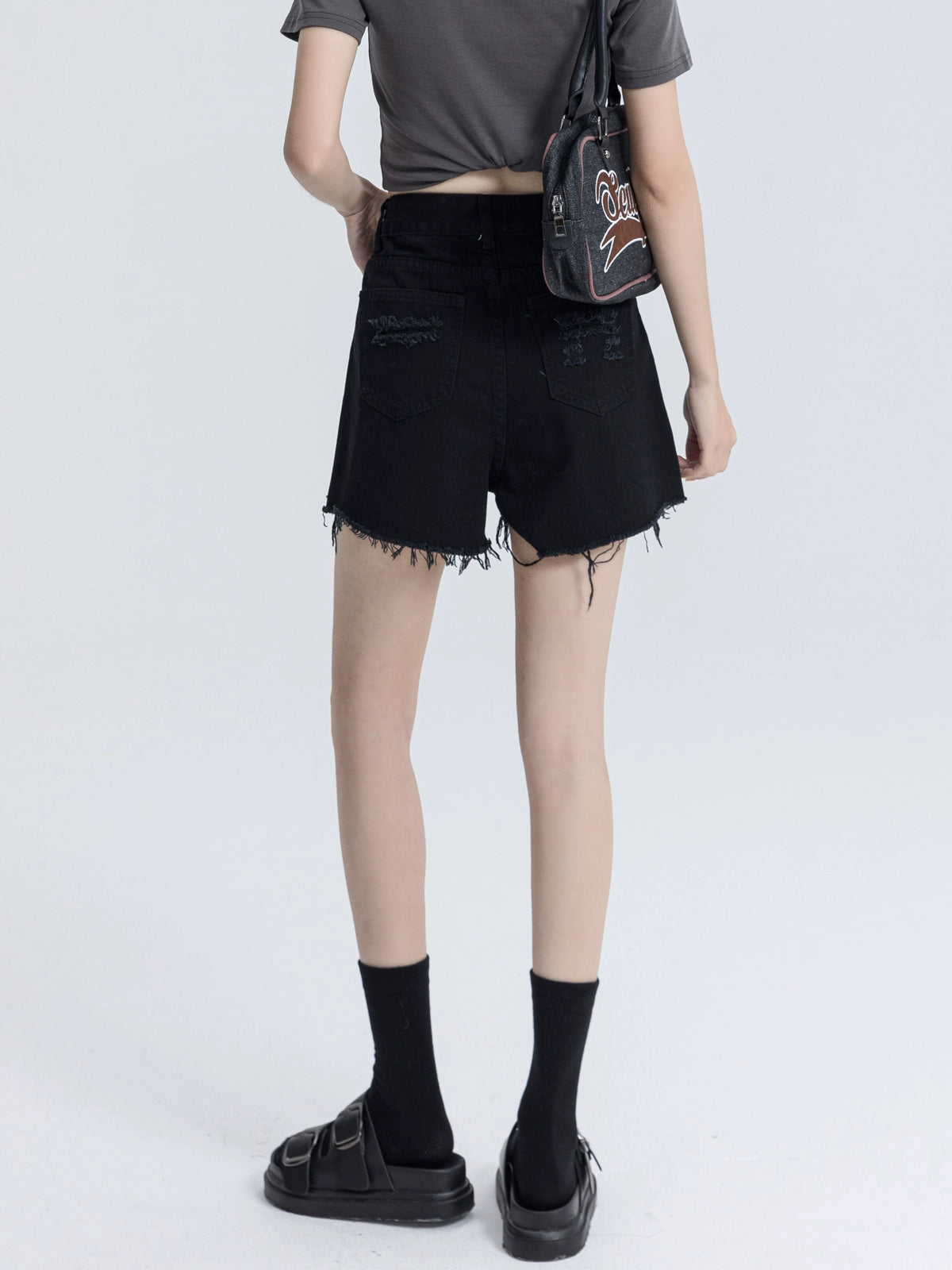 Double Button Black Denim Shorts