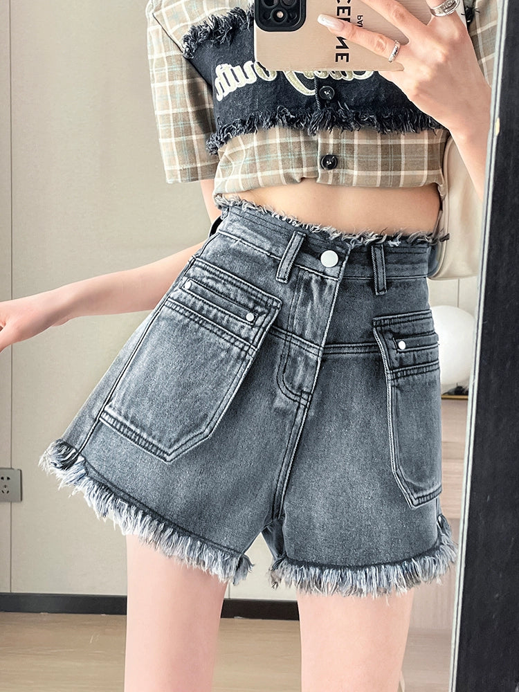 High Waist Pocket Design Denim Shorts, available in Plus Size