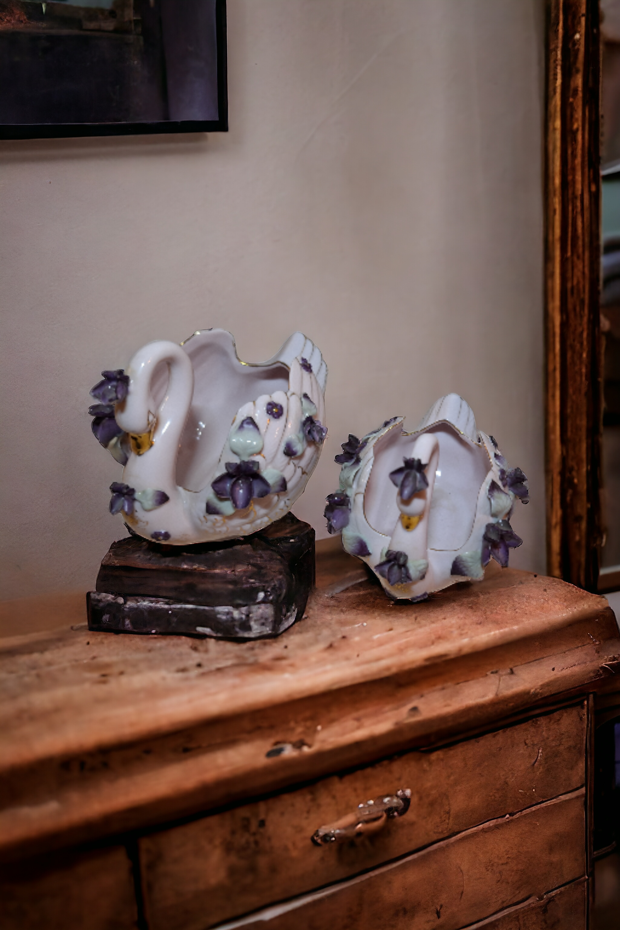 Lavender & Violets Lefton China Swan Trinket Bowls, set of 2