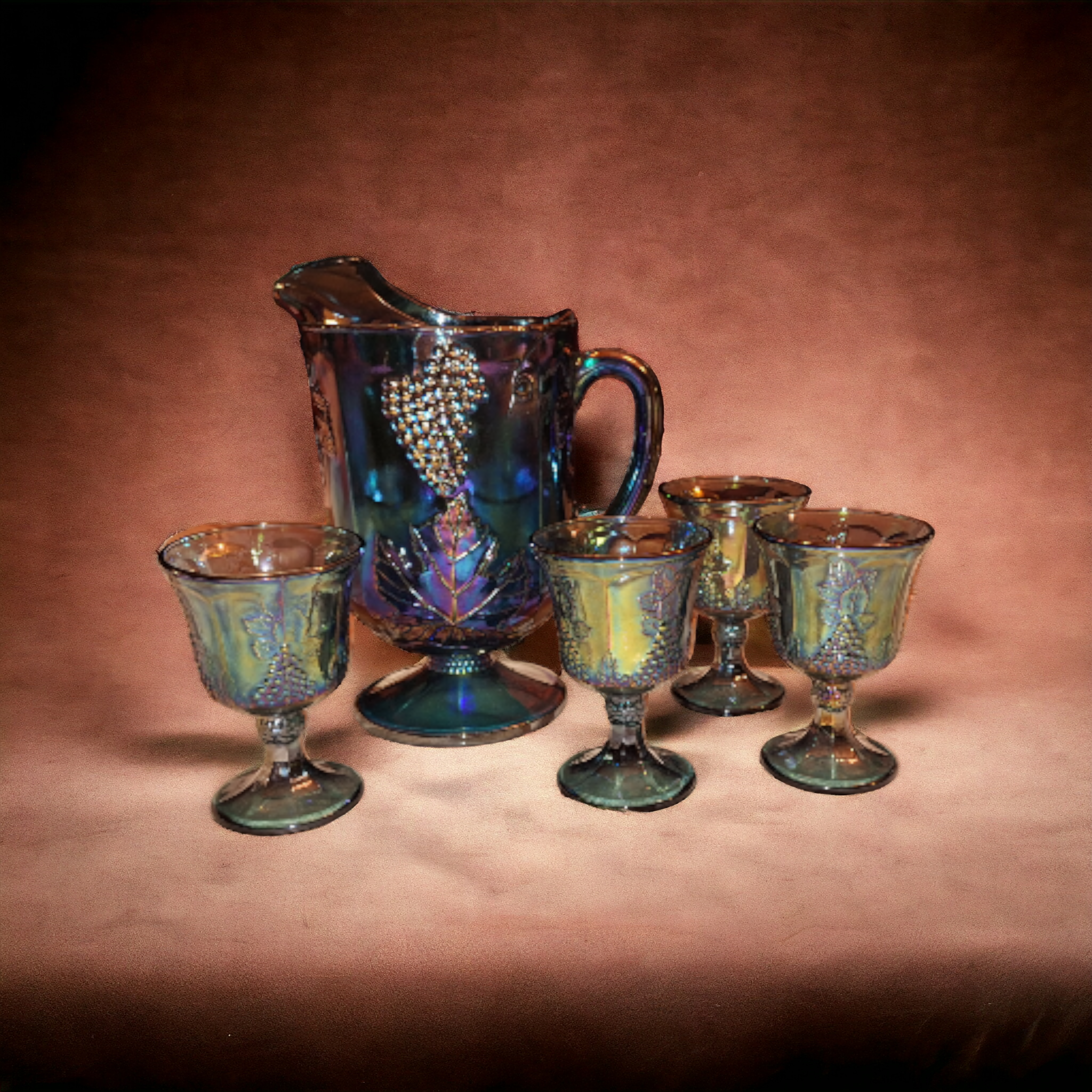 Indiana Glass Iridescent Blue Carnival Pitcher and Goblets