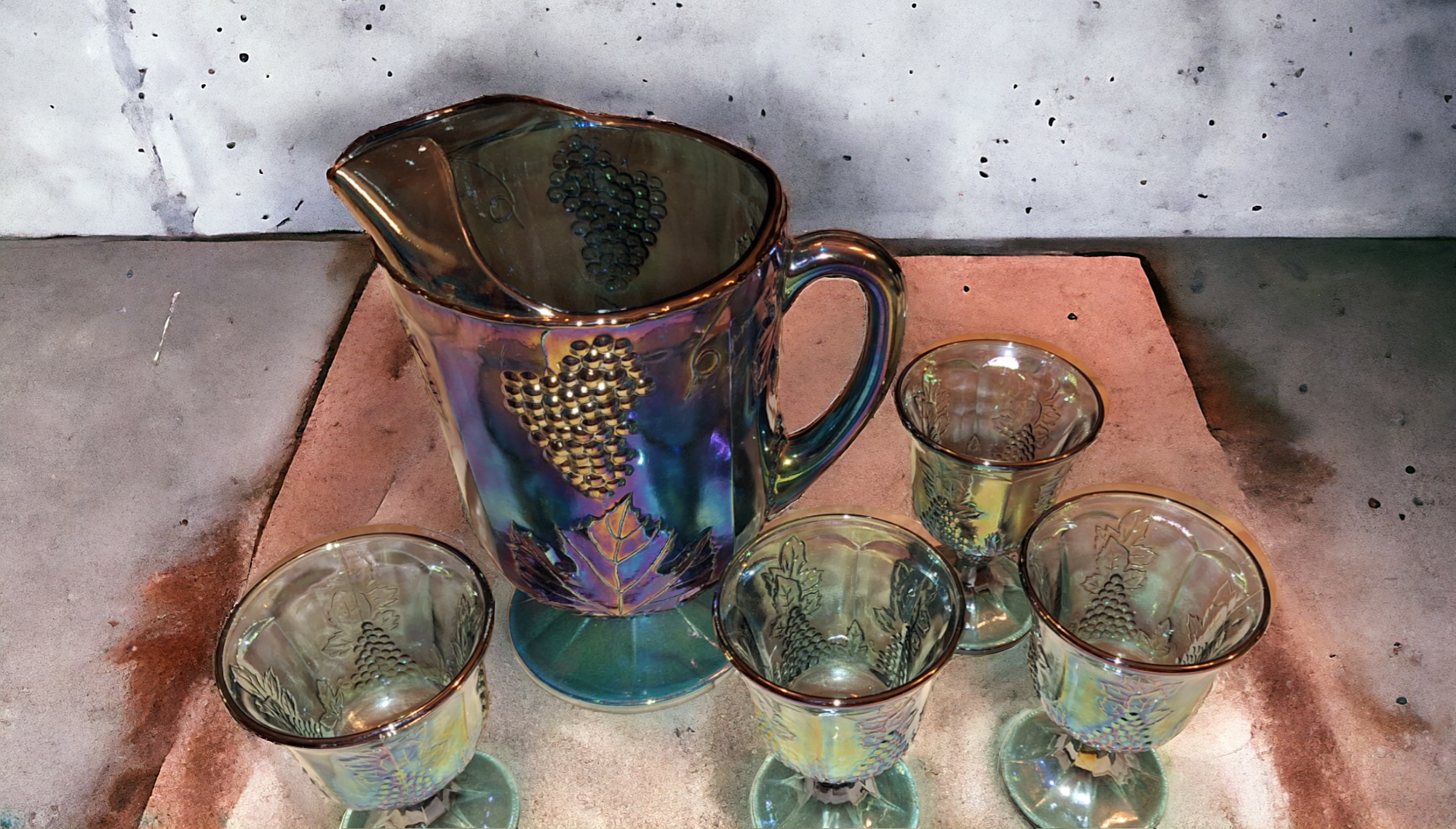 Indiana Glass Iridescent Blue Carnival Pitcher and Goblets