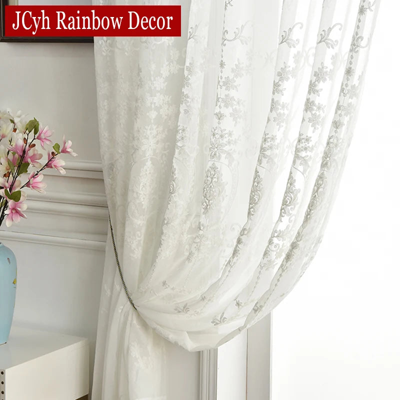 Embroidered White Tulle Curtains European Lace Voile Sheer