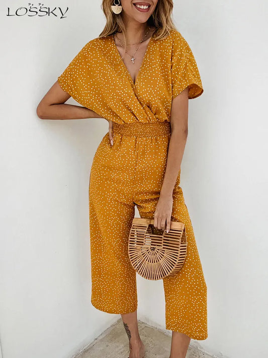 Print V-neck Pocket Overalls/Rompers