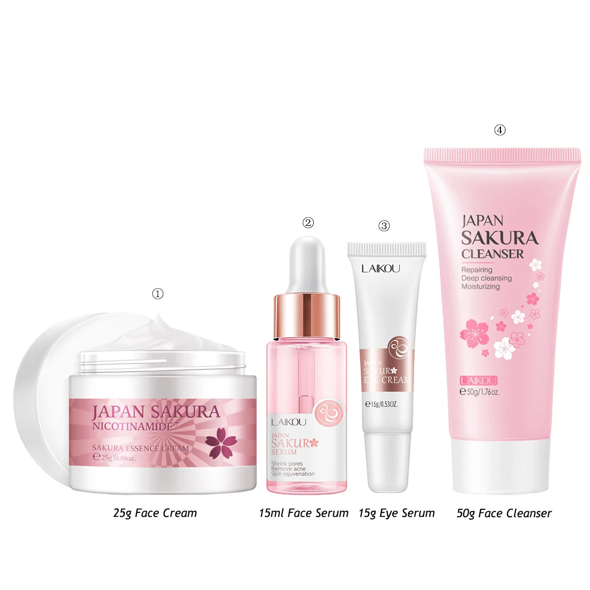 Cherry Blossom Essence Moisturizing Collagen Eye Cream, Face Serum, & Facial Cleanser