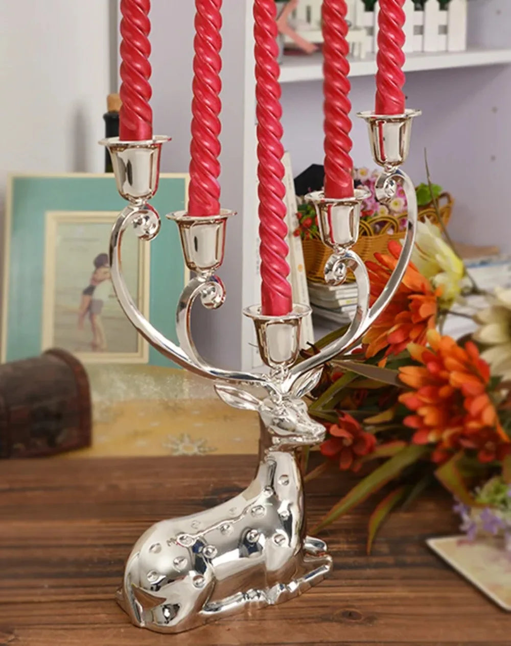 Silver Finish Metal Deer Candle Holder 5-Arms Candelabra