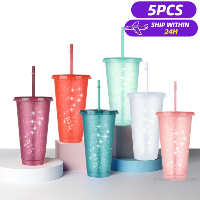 Reusable Hard Plastic Tumbler, With Straw, 5PCS