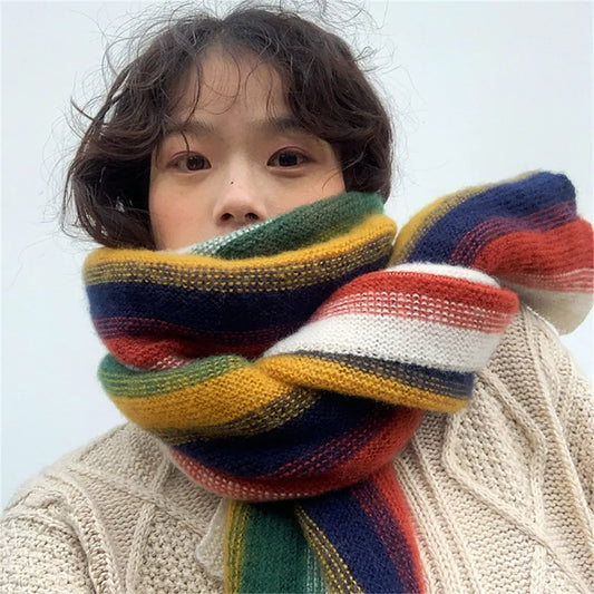 Rainbow Knit Scarf Thick Cashmere Stripe