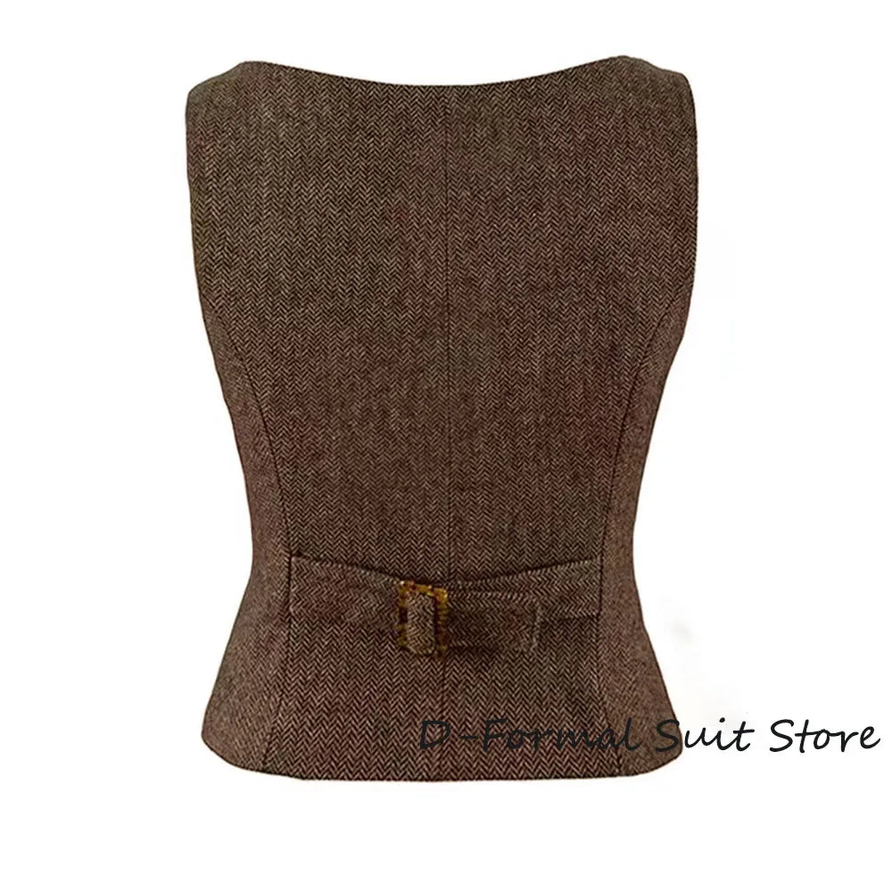 Herringbone Women Sleeveless V-Neck Slim Fit Vintage Wool Vest