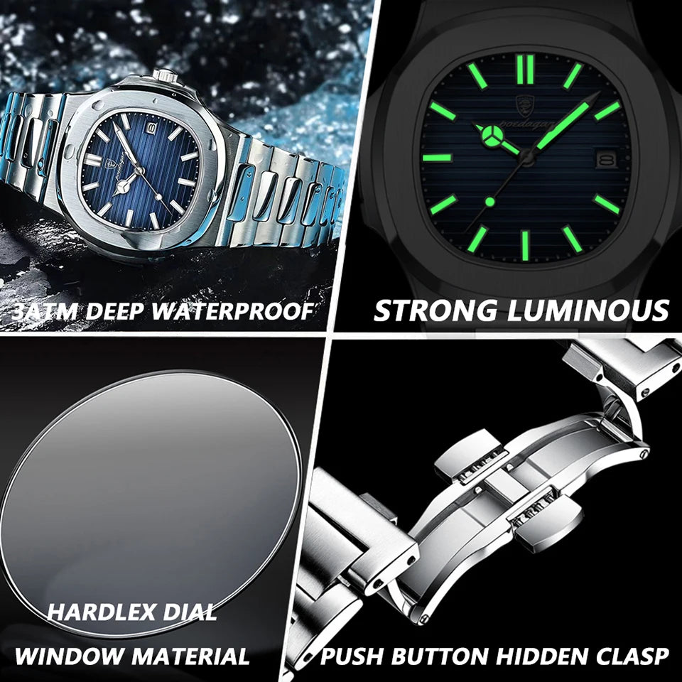 Luxury Waterproof Stainless Steel Square Quartz Men's Watch