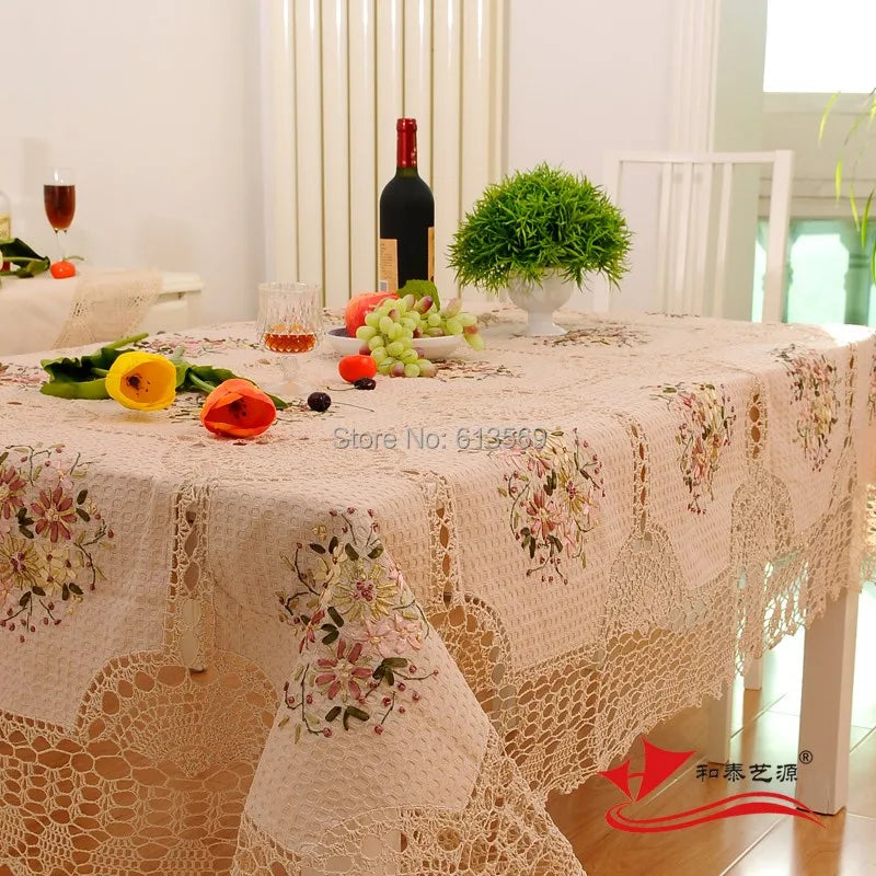 Luxury Embroidered Flower Crochet Tablecloth  Round  Rectangular