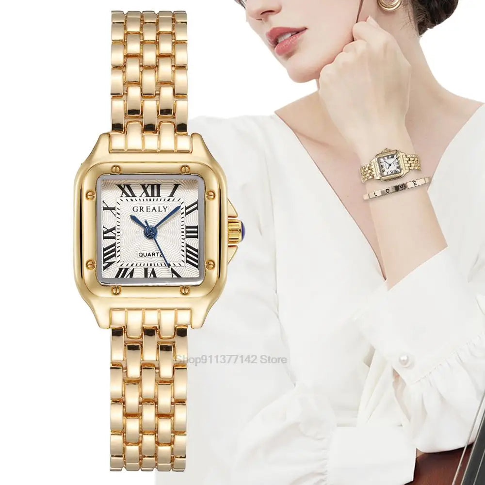 Luxury Women's Fashion Square Watches Gold Alloy