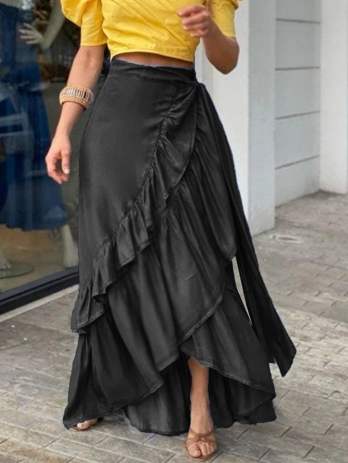 Elegant Plain Ruffle Hem Knot Pleated Denim Skirt