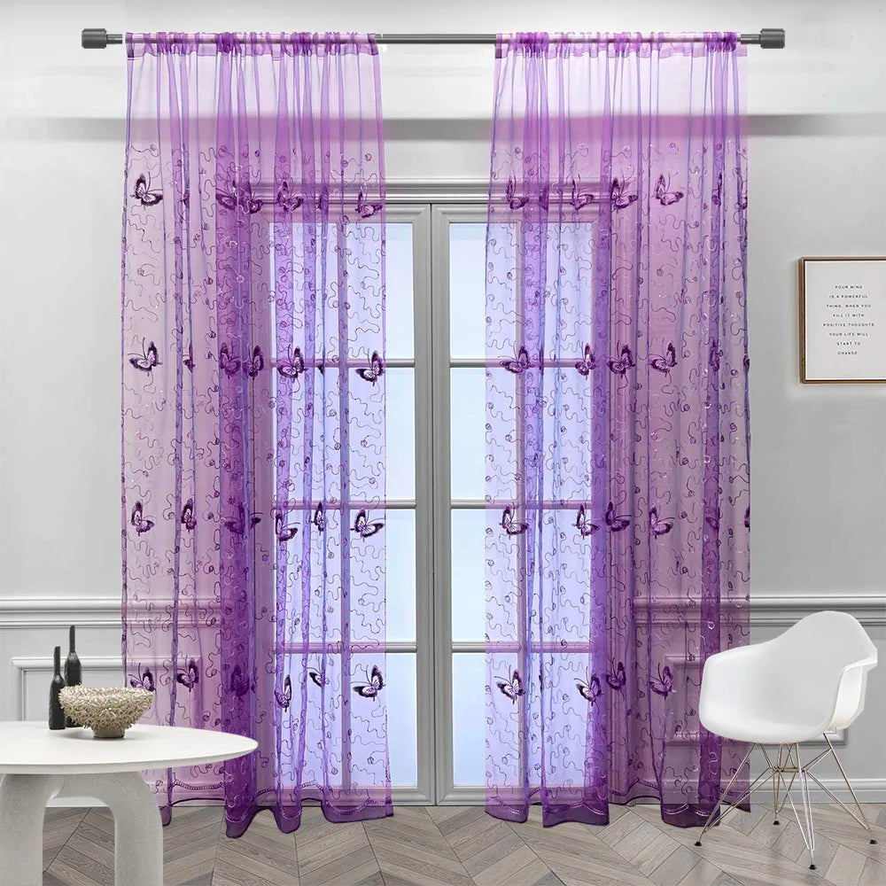 Romantic Embroidered Sequins Butterfly Sheer Voile Curtains