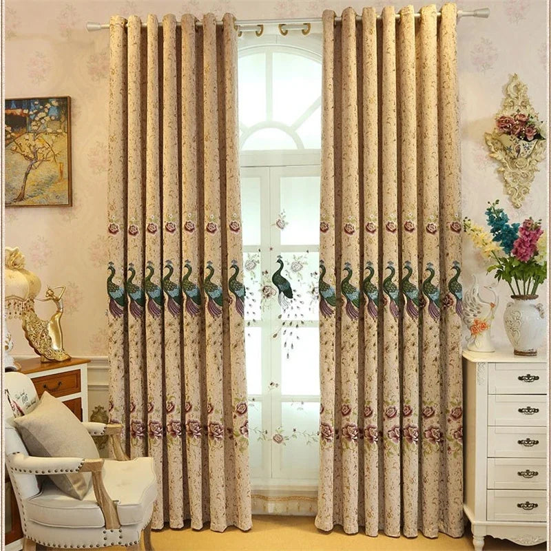 European Chenille Thick Peacock Embroidered Blackout Window Curtains