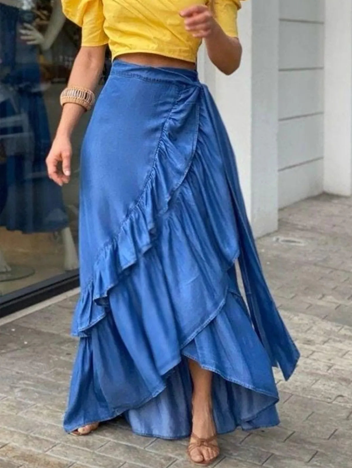 Elegant Plain Ruffle Hem Knot Pleated Denim Skirt