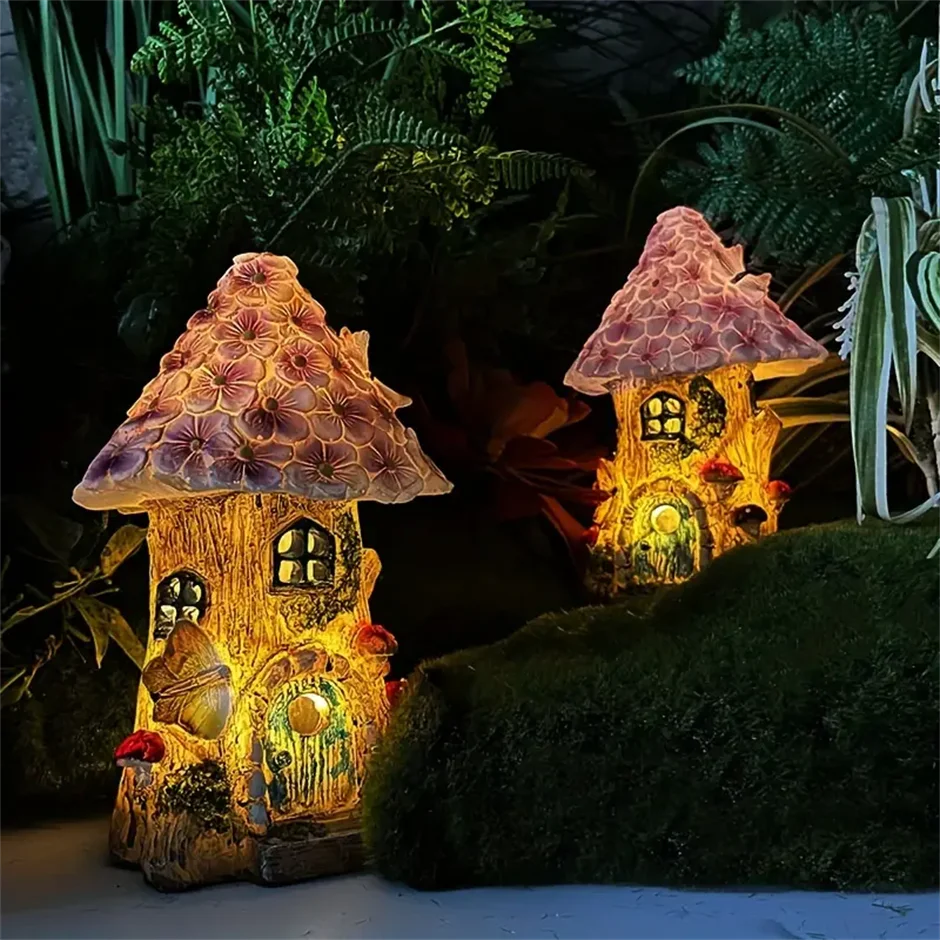 Fairy Garden House Solar Outdoor Statue, Light Up Mushroom Figurines Lawn Decorations