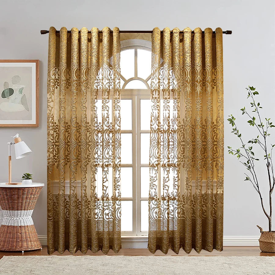 European Luxury Coffee with Golden Wire Jacquard Tulle Curtain