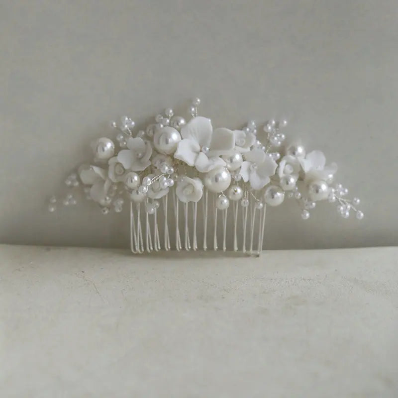 Handmade Ceramic Flower Pearl Shell Hair Comb