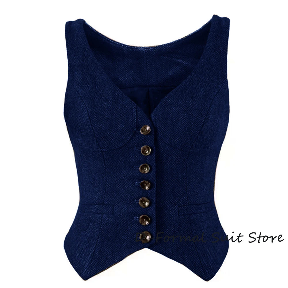 Herringbone Women Sleeveless V-Neck Slim Fit Vintage Wool Vest