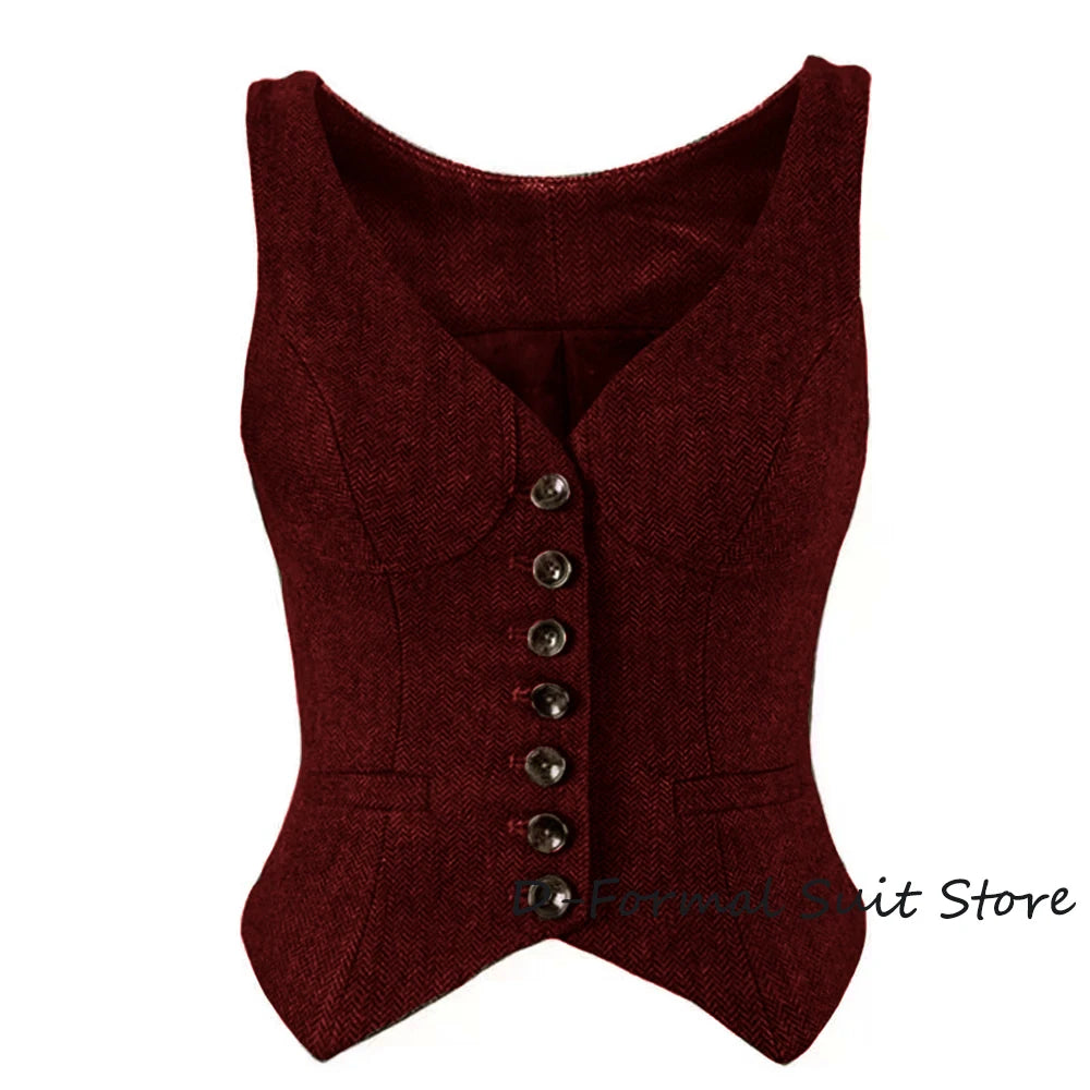 Herringbone Women Sleeveless V-Neck Slim Fit Vintage Wool Vest