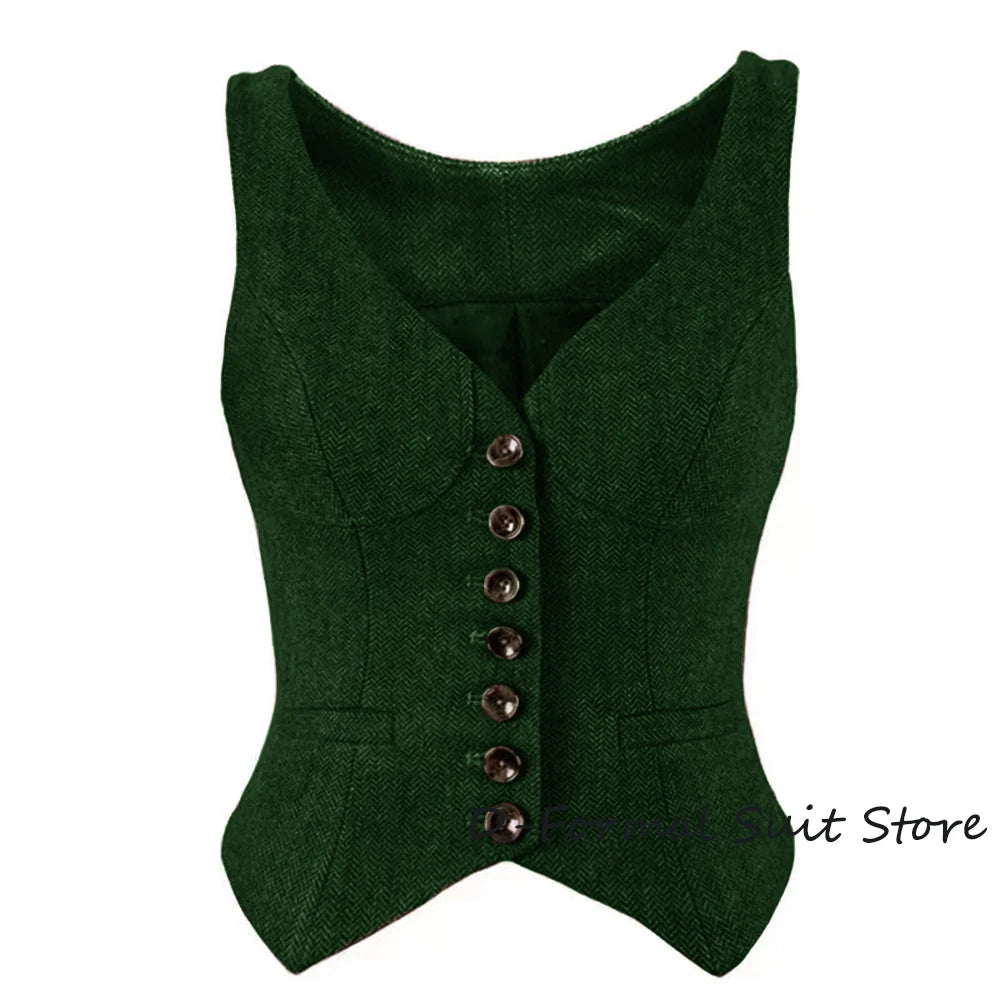 Herringbone Women Sleeveless V-Neck Slim Fit Vintage Wool Vest