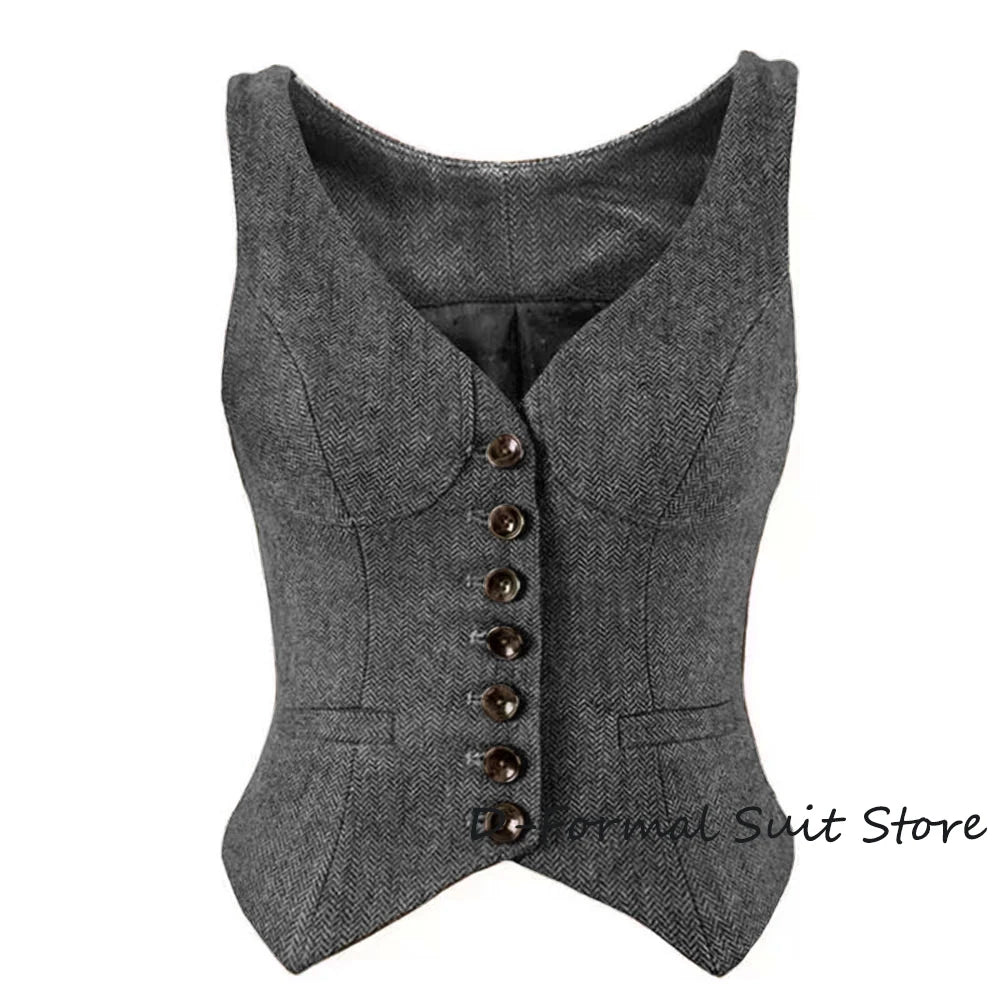 Herringbone Women Sleeveless V-Neck Slim Fit Vintage Wool Vest