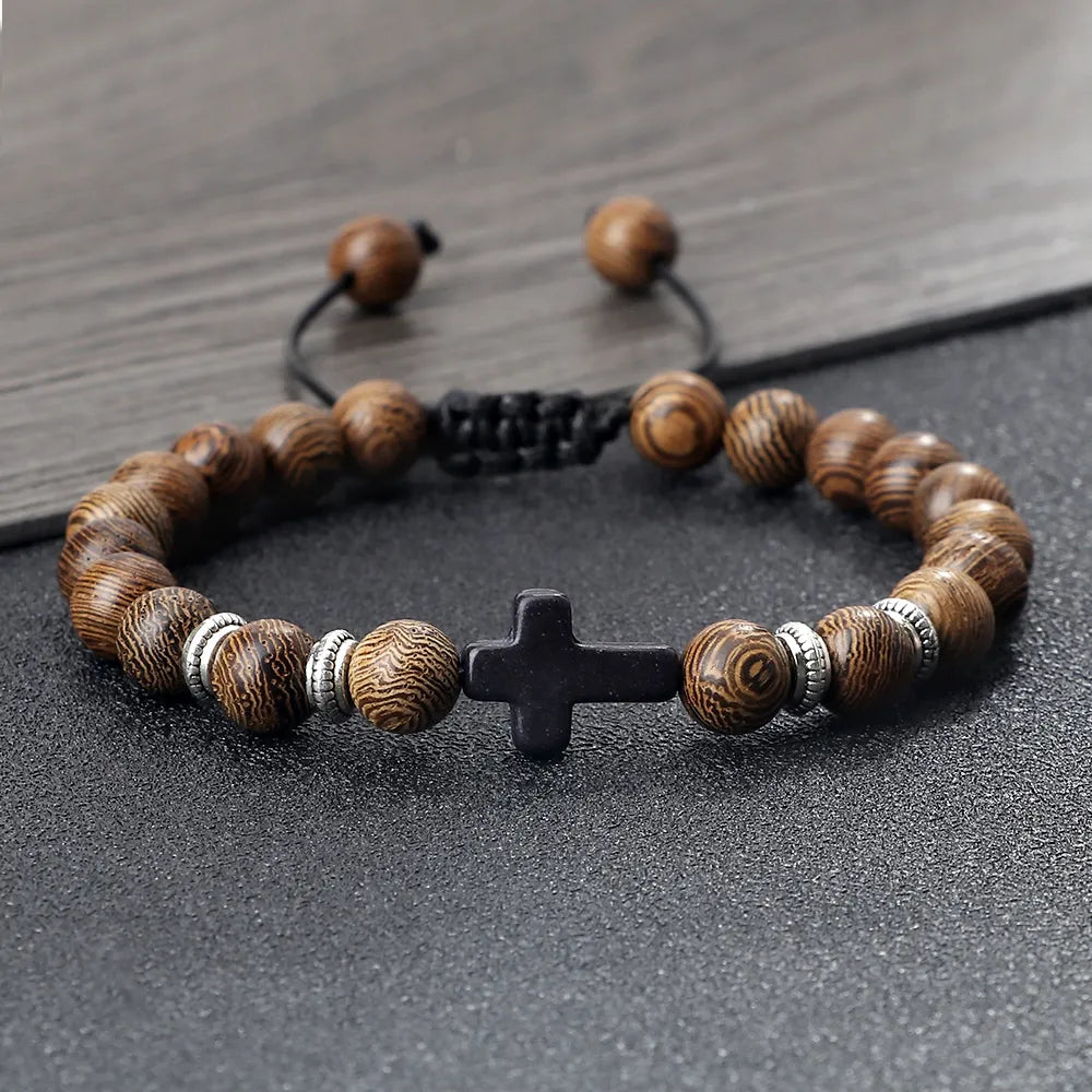 Handmade Natural Stone Wooden Beaded Christian Bracelet