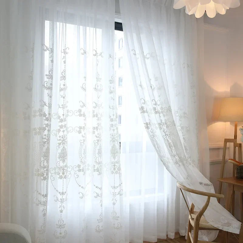 European Style Voile Tulle Sheer White Embroidery Flower Curtains