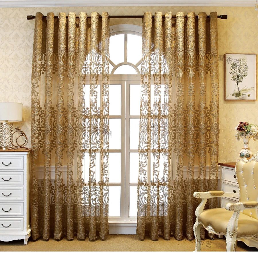 European Luxury Coffee with Golden Wire Jacquard Tulle Curtain