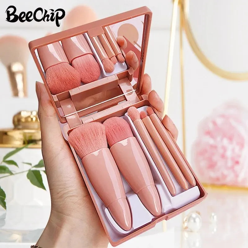 Cosmetic Brush Portable Travel Makeup Brush With Mirror 5 PCs