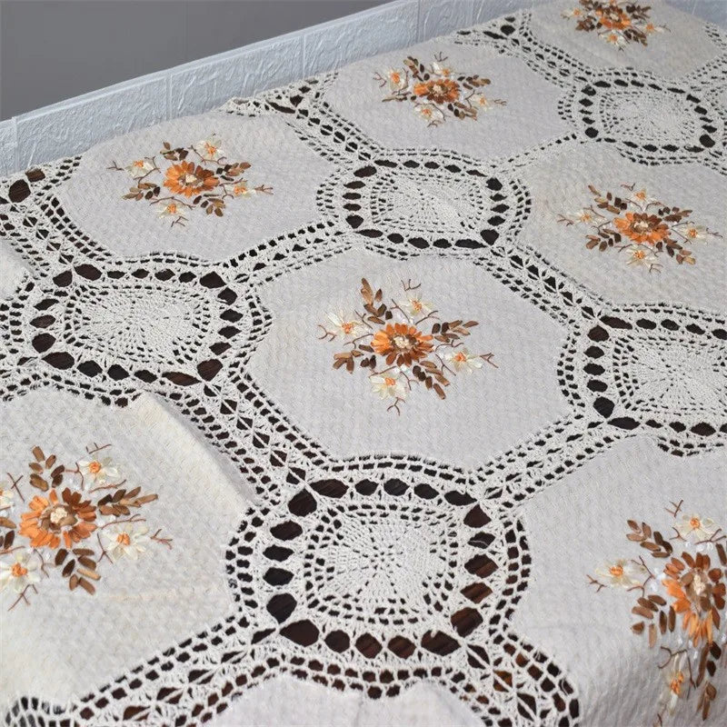 Luxury Embroidered Flower Crochet Tablecloth  Round  Rectangular