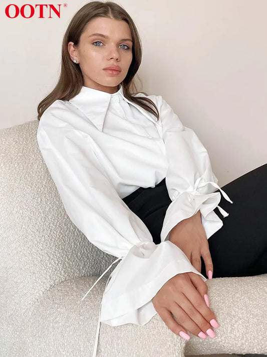 Lace Up Elegant White Women Blouse