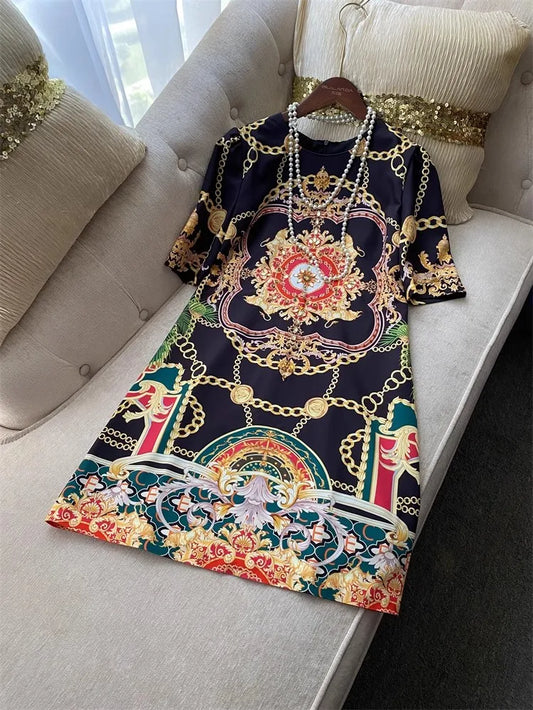 Runway Crystal Beading Vintage Printed A-Line Dress