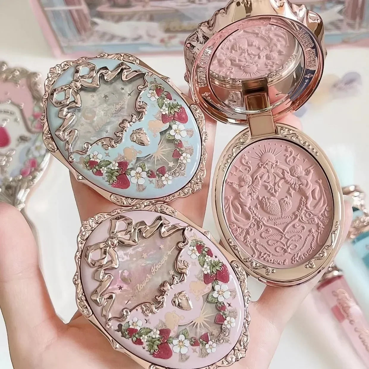 Flower Knows Strawberry Rococo Series Embossed Blush Face Makeup Shimmer Pigment Waterproof Natural Nude