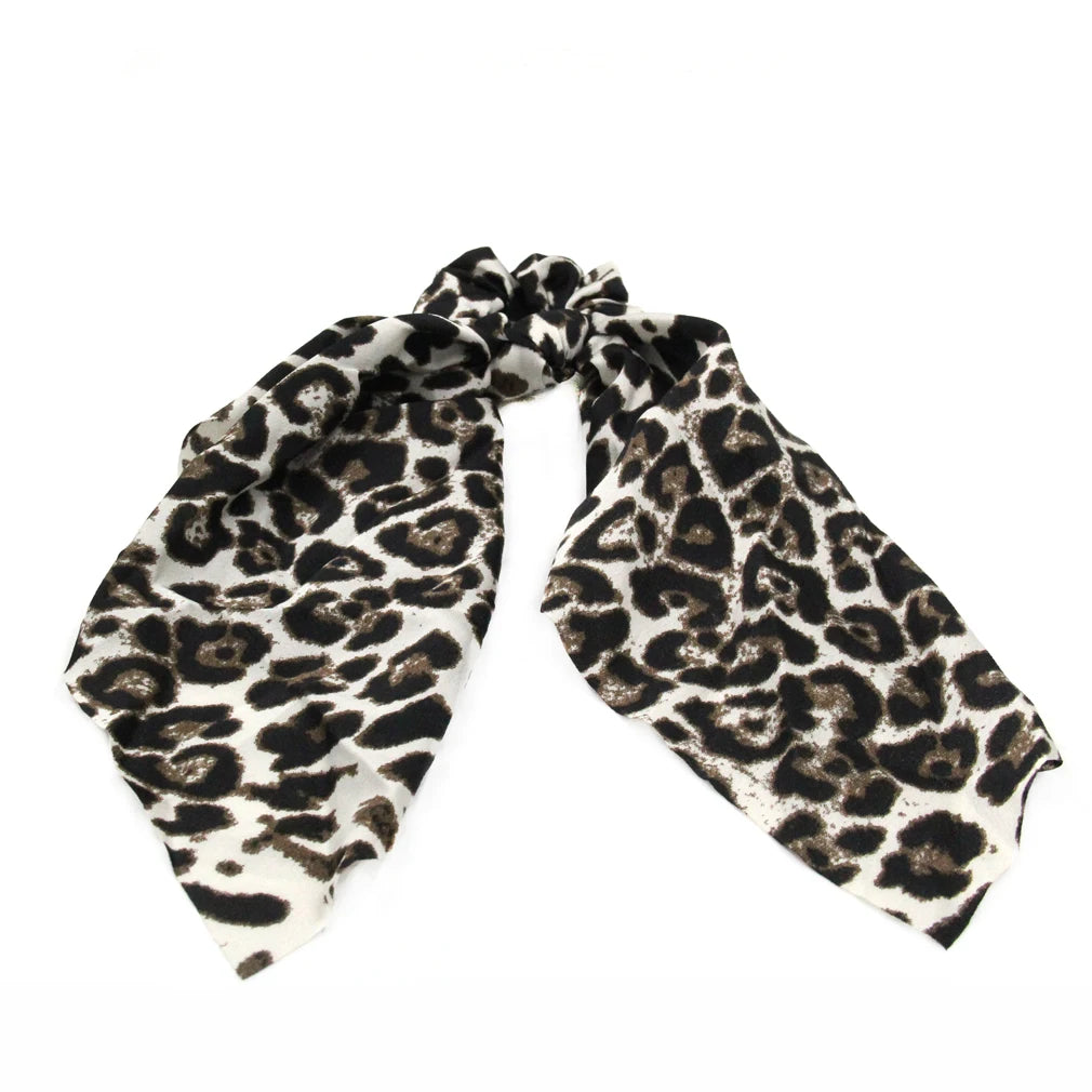 Vintage Leopard Print Satin Long Ribbon Ponytail Scarf Hair Tie Scrunchies