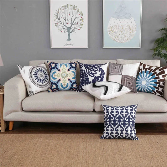 Embroidered Pillow Cover Blue Floral Mandala Leaves Wave 18x18in