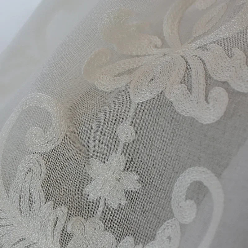 European Style Voile Tulle Sheer White Embroidery Flower Curtains