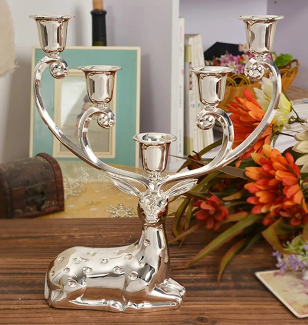 Silver Finish Metal Deer Candle Holder 5-Arms Candelabra