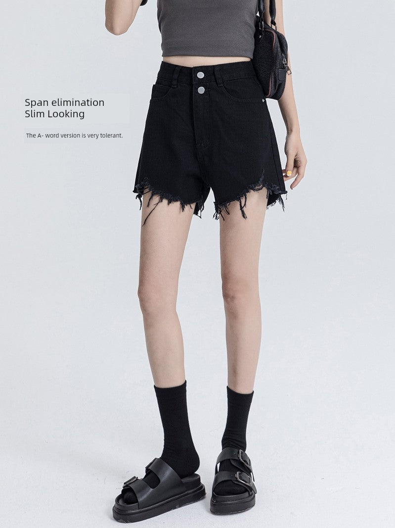 Double Button Black Denim Shorts