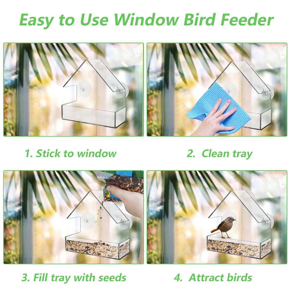 Window Bird Feeder Transparent Removable Outdoor Suction Cups Sliding Feed Tray