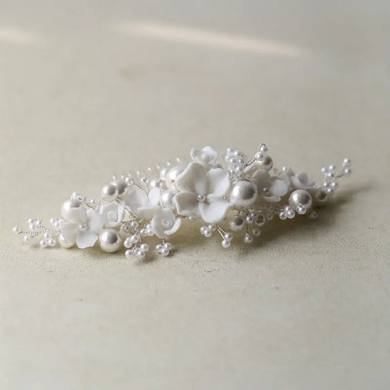 Handmade Ceramic Flower Pearl Shell Hair Comb